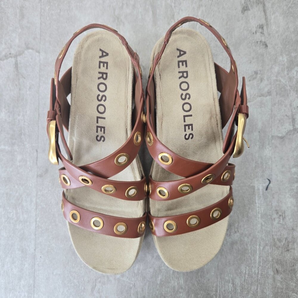 Aerosoles Chunky Platform Sandals 10 Brown Leather Grommet Retro Block Heel - Picture 2 of 11